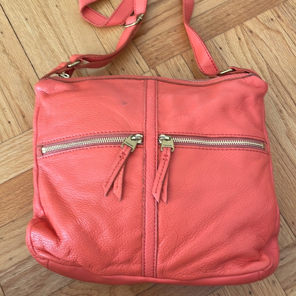 Peach fossil cross body purse